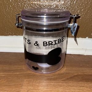 “Treats and bribes” pet treat jar